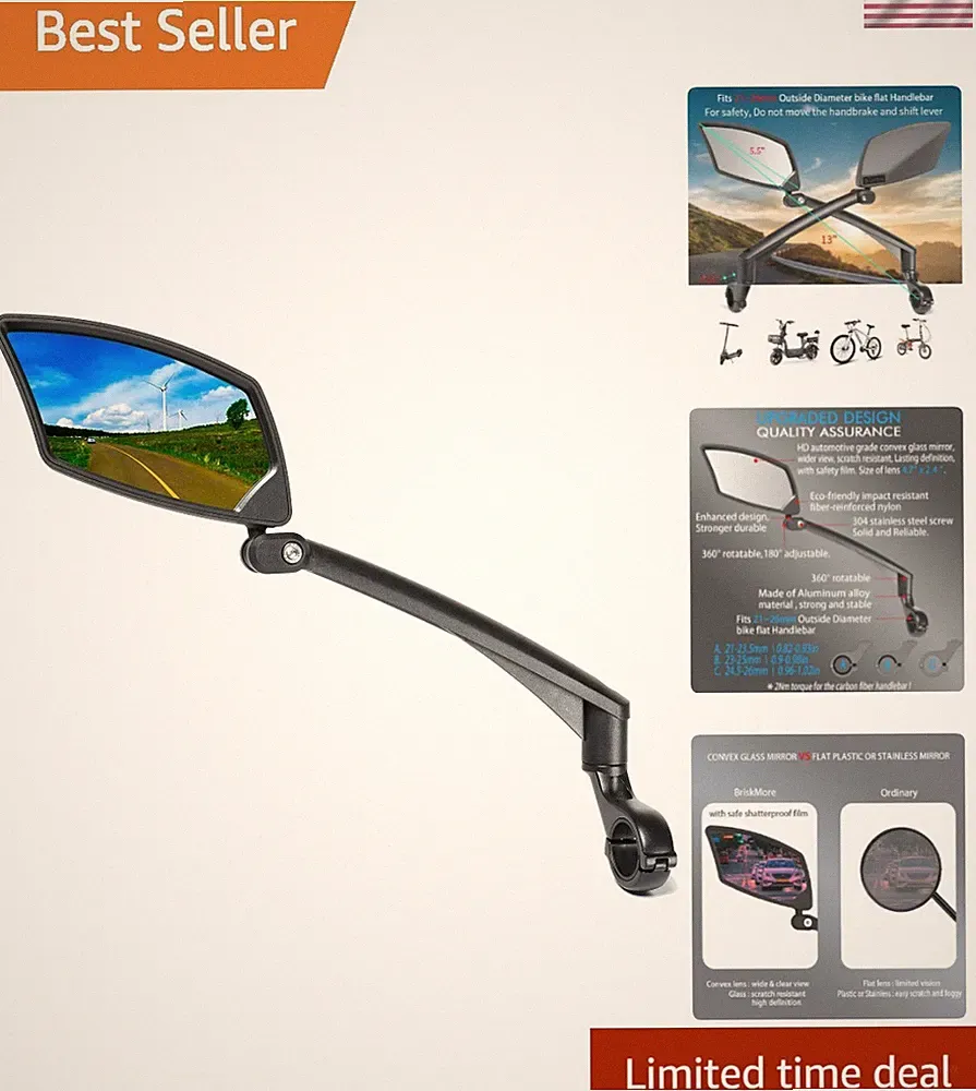 Handlebar Bike Mirror, Scratch Resistant Glass Lens, Ajustable and Rotatable...